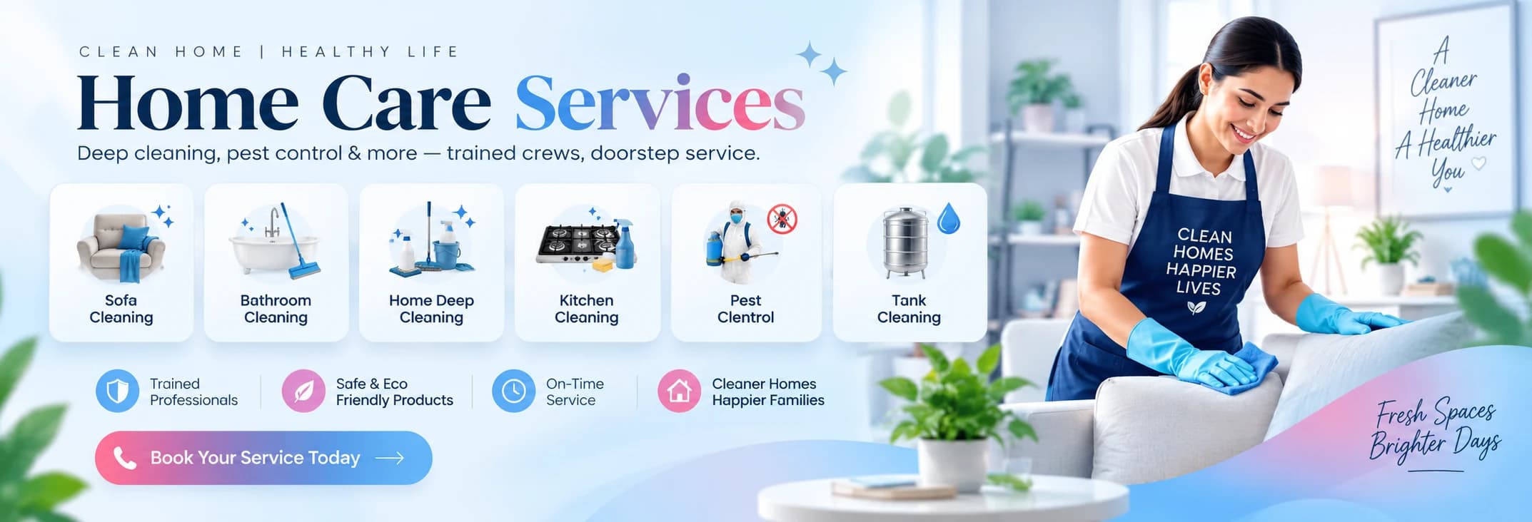 Home care services from Click2Delhi — sofa, bathroom, kitchen and tank cleaning, pest control and home deep cleaning